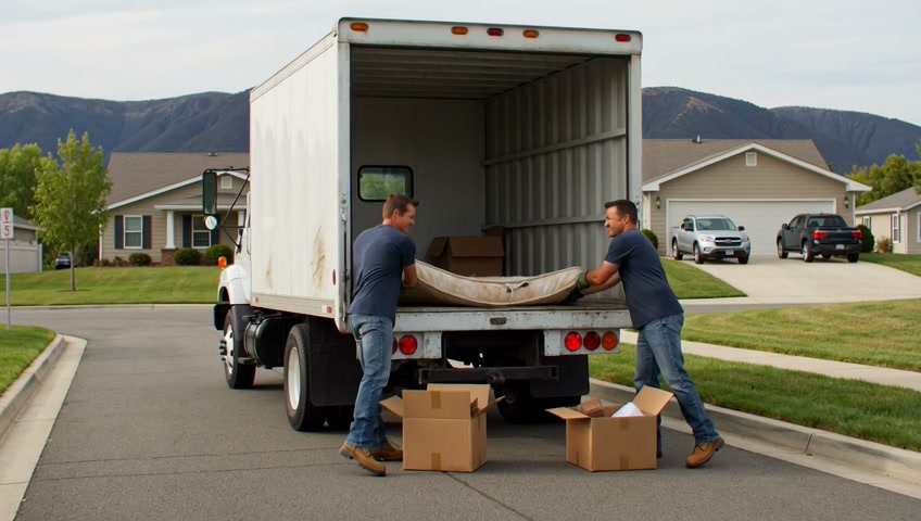 Local junk removal crew loading furniture into a truck in a Rapid City neighborhood